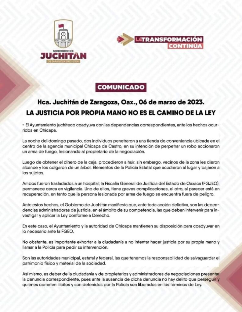 La Justicia por propia mano no es el camino de La Ley – Entidad ...