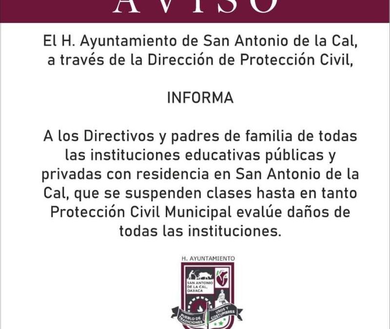 Suspenden clases en todas las escuelas de San Antonio de la Cal