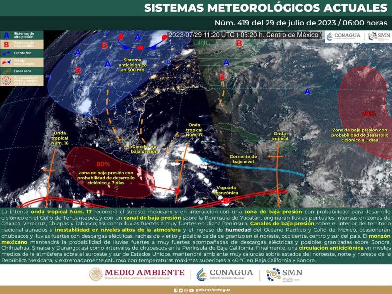 Pronostican sábado con lluvias fuertes y tormentas eléctricas en Oaxaca por Onda Tropical número 17