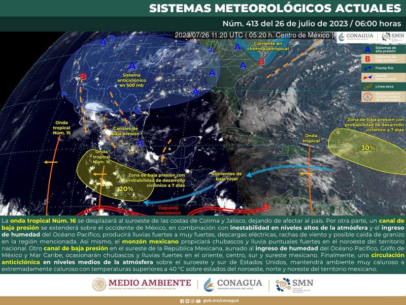 Tarde de lluvias ligeras en el estado, probable actividad eléctrica y rachas viento