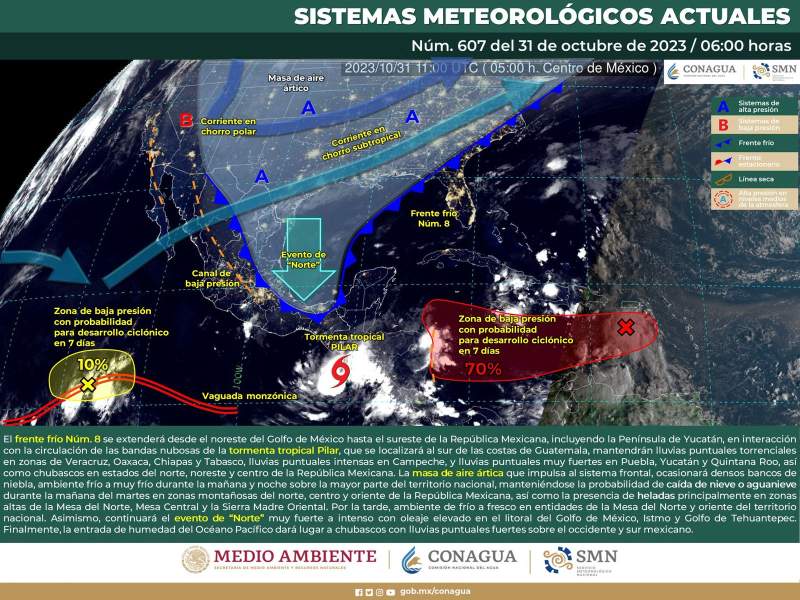 Frente frío número 8 y tormenta tropical Pilar ocasionarán lluvias en algunas regiones