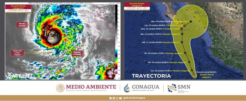 Norma ya es huracán categoría 3 y llegará a 4 este mediodía; sigue rumbo a Sinaloa