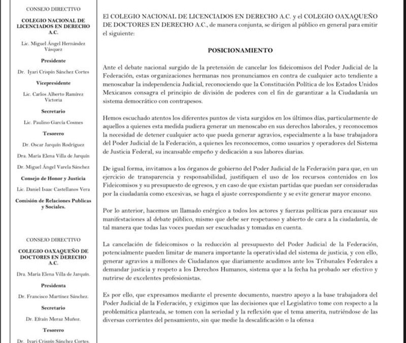 POSICIONAMIENTO El COLEGIO NACIONAL DE LICENCIADOS EN DERECHO A.C. y el COLEGIO OAXAQUEÑO DE DOCTORES EN DERECHO A.C.