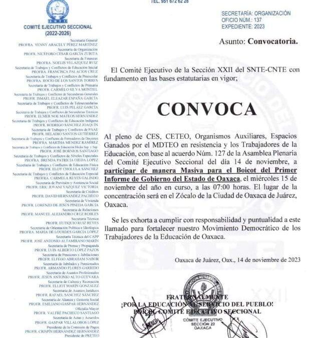 Sección 22 si se movilizará en el marco del Primer Informe de Salomón Jara Cruz