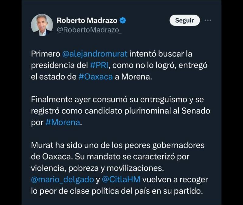 Roberto Madrazo y Alejandro Murat se dan con todo en twitter; tras paso del segundo a Morena