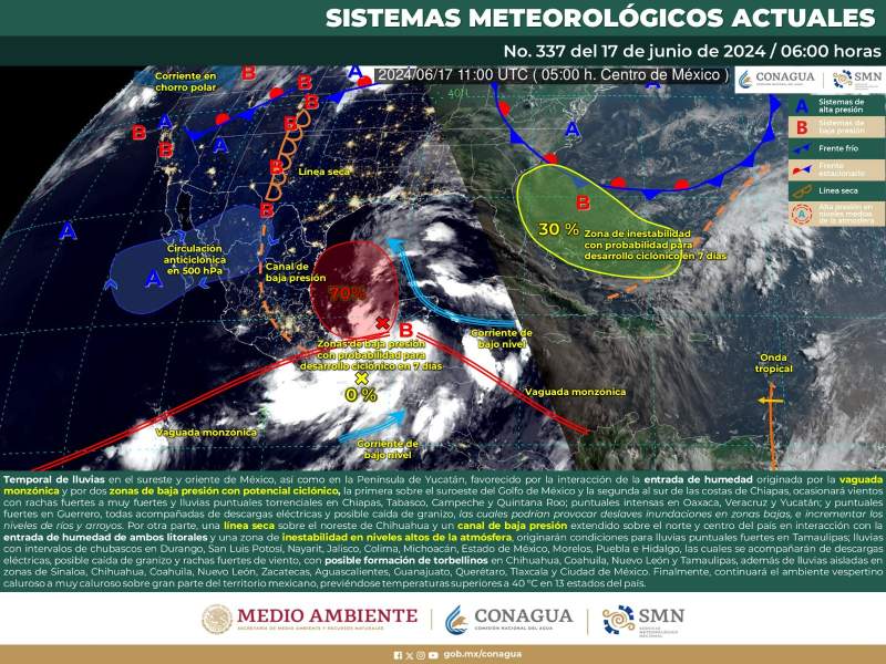 Permanecerá temporal de lluvias en la Costa, Istmo y Sierra Sur