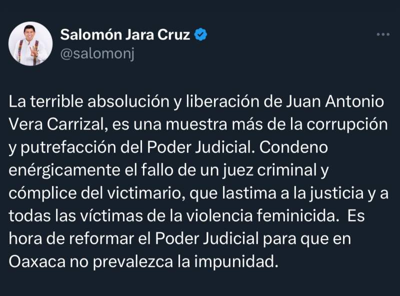 Condena Jara la liberación de Juan Vera Carrizal