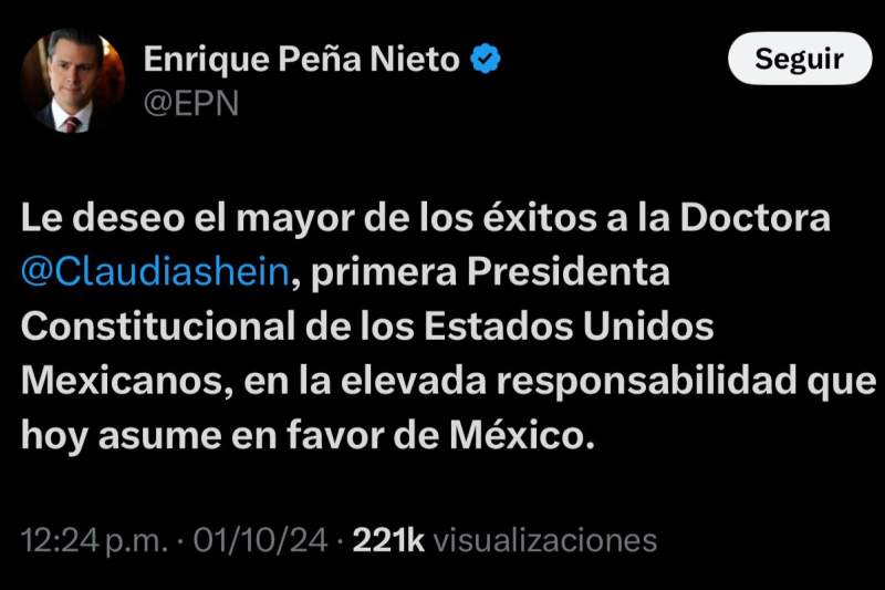 Enrique Peña Nieto reaparece en redes sociales; envía mensaje a Claudia Sheinbaum: “Le deseo el mayor de los éxitos”