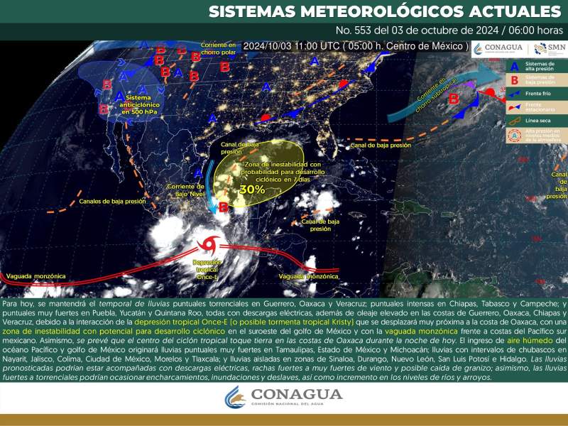 Se prevé evolución de Depresión Tropical Once-E a Tormenta Tropical