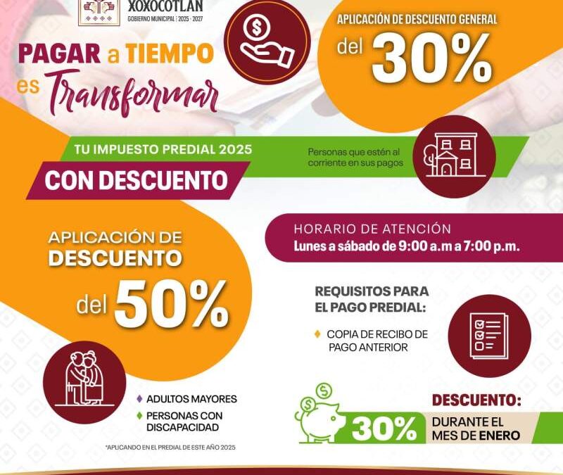 Anuncia Santa Cruz Xoxocotlán descuentos de hasta el 50% en el pago del predial