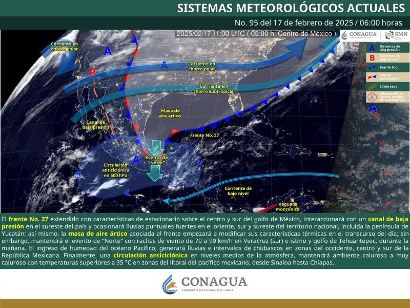 Ocasionará frente frío número 27 algunas lluvias con tormentas aisladas al norte de Oaxaca