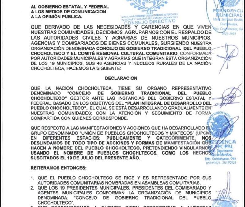 Se deslindan autoridades chocholtecas de  Unión de Pueblos Chocholtecos y Mixtecos