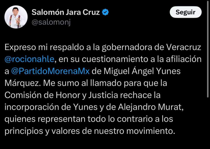 Jara también se suma al rechazo de afiliación a Morena de Miguel Ángel Yunes y Alejandro Murat
