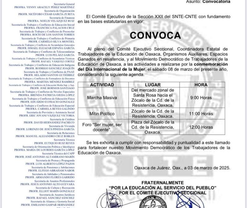 Anuncia Sección 22 marcha en el marco del Día Internacional de la Mujer