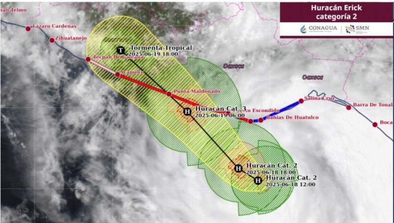 Huracán Erick se intensifica a categoría 2 frente a las costas de Oaxaca