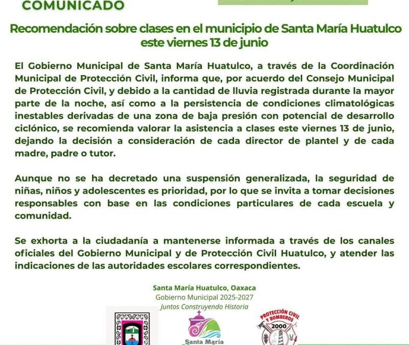 Recomienda ayuntamiento de Huatulco suspensión de clases por lluvias en el municipio