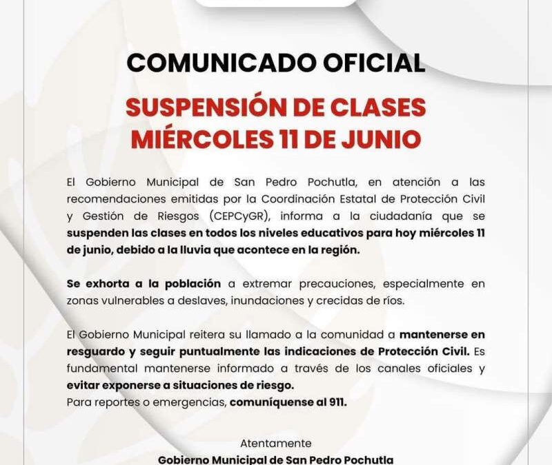 Suspenden clases por fuertes lluvias en Pochutla