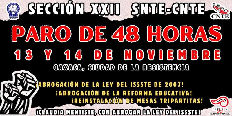 Confirma Sección 22 nueva fecha de paro en Oaxaca