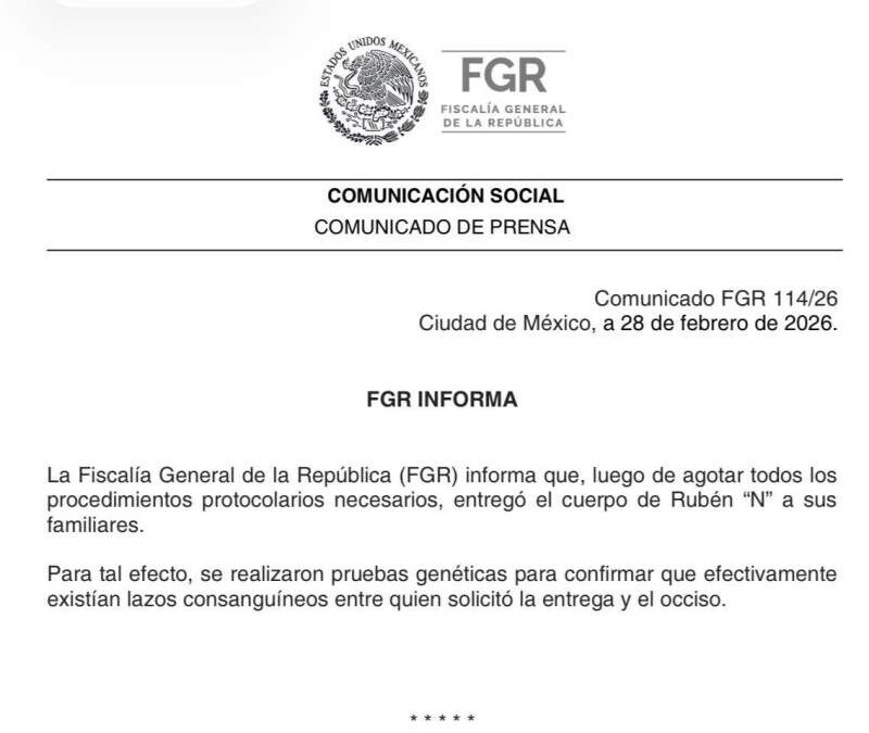 FGR entrega el cuerpo de Nemesio Oseguera Cervantes ‘El Mencho’ a sus familiares tras agotar protocolos