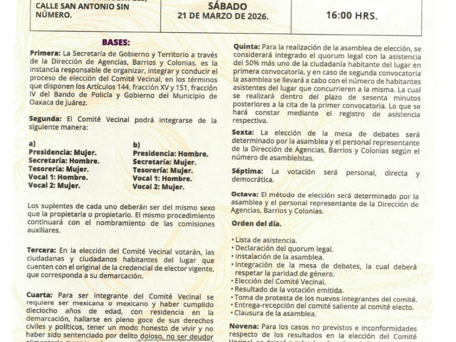 Avanza Oaxaca de Juárez en organización comunitaria con renovación de comités vecinales.